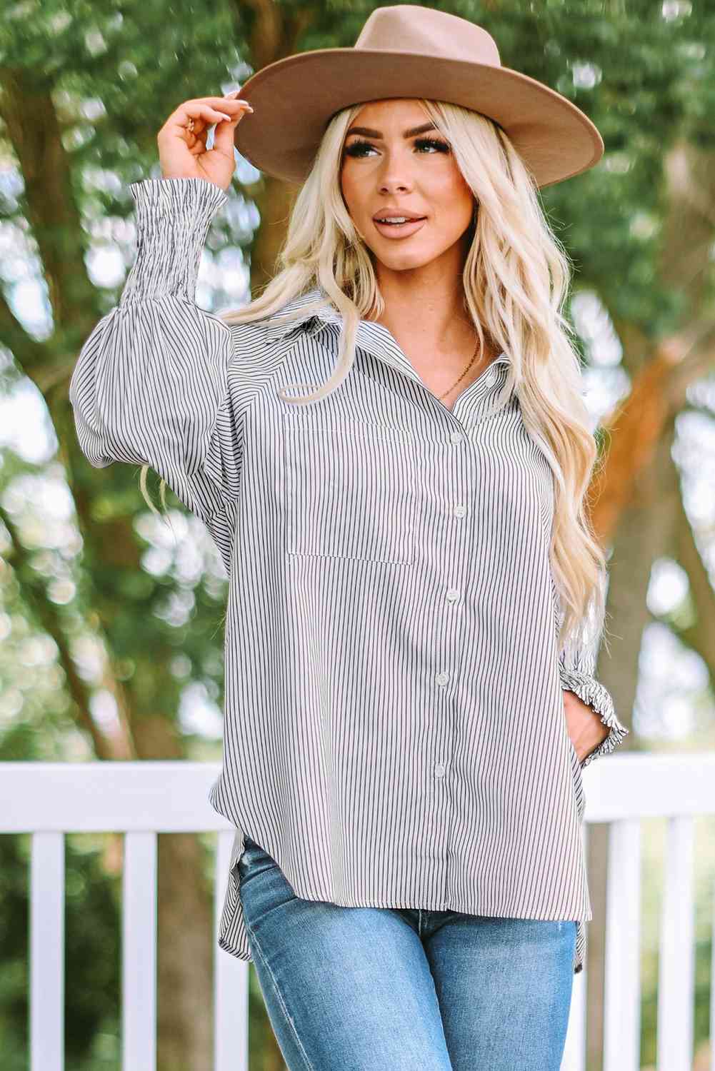 Buy Striped Lantern Sleeve Collared Shirt by SYNZ