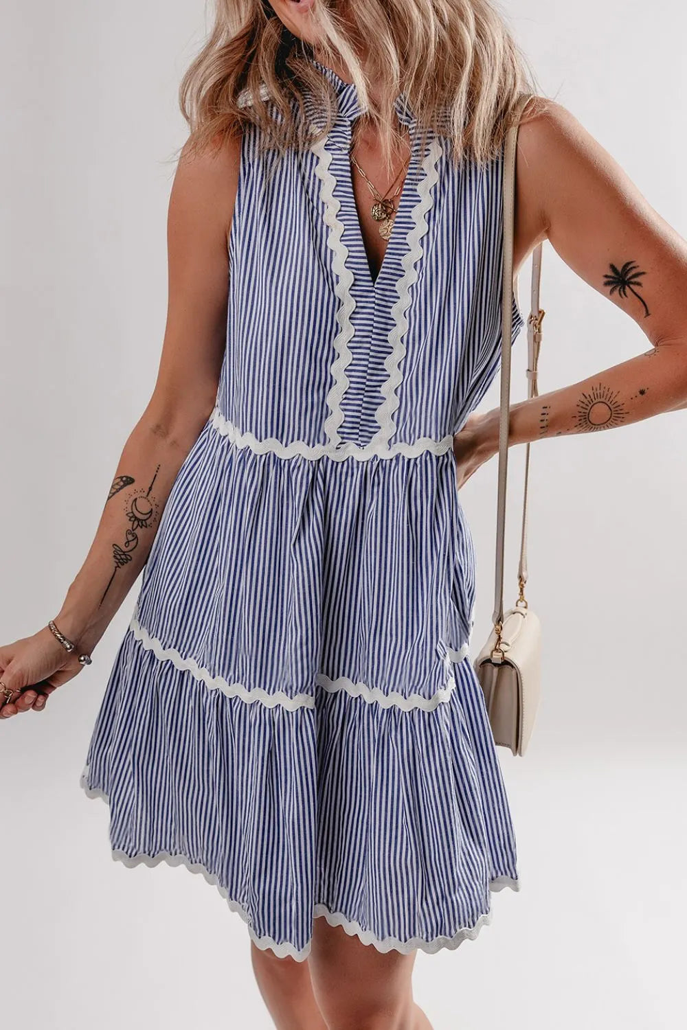 Buy Stripe Sleeveless Notched Ric Rac Mini Dress by Faz