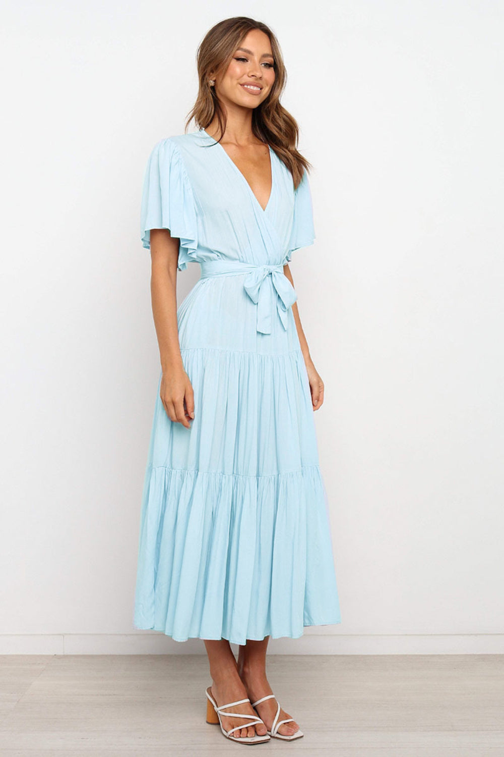 Buy Tied Back Tiered Short Sleeve Midi Dress by Faz