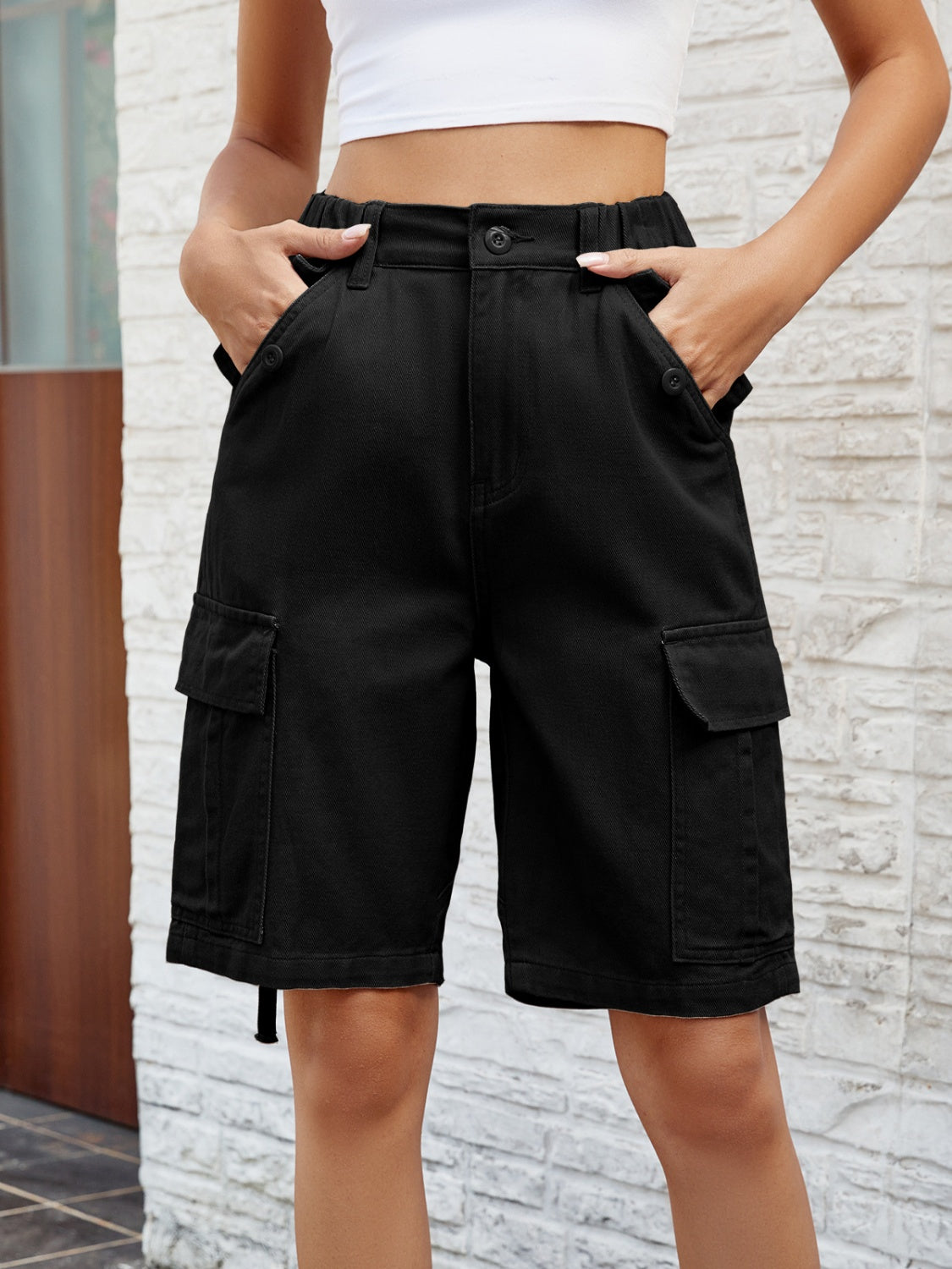 Buy High Waist Denim Shorts with Pockets by Faz