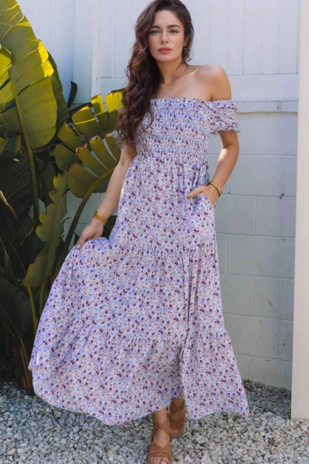 Buy Tiered Floral Shirred High Waist Maxi Dress by Faz