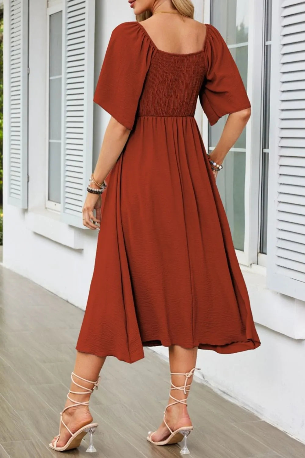 Buy Smocked Tie Front Flutter Sleeve Midi Dress by Faz