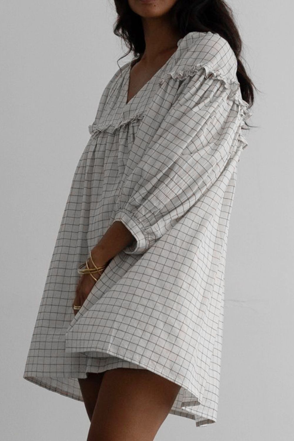 Buy Frill Plaid Notched Balloon Sleeve Mini Dress by Faz