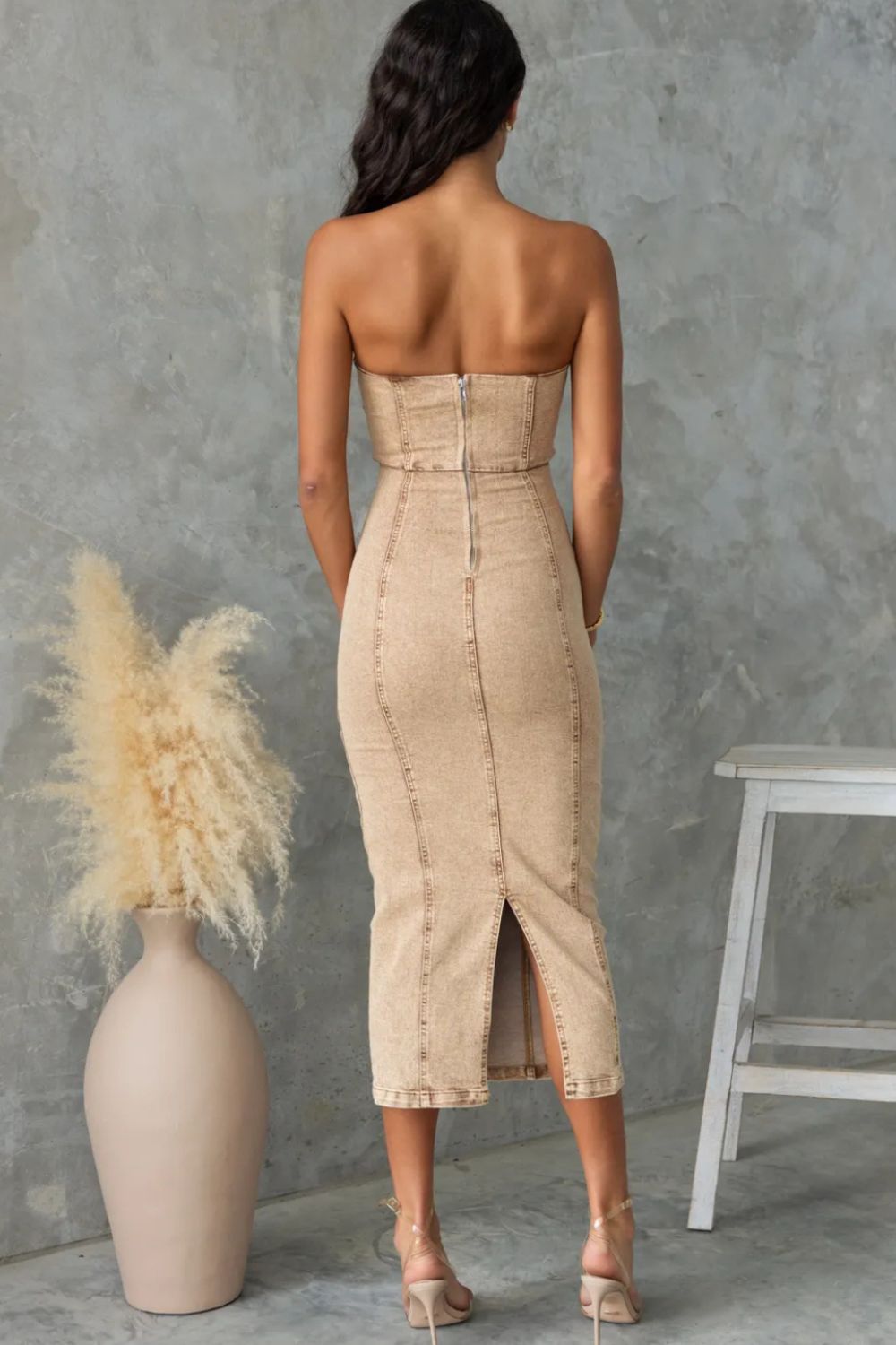 Buy Washed Slit Back Tube Denim Dress by Faz