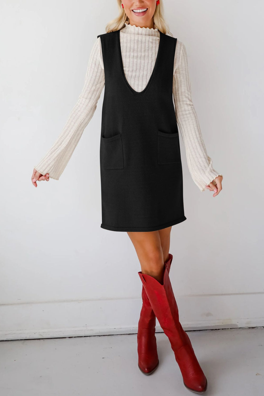 Buy Pocketed V-Neck Mini Sweater Overall Dress by Faz