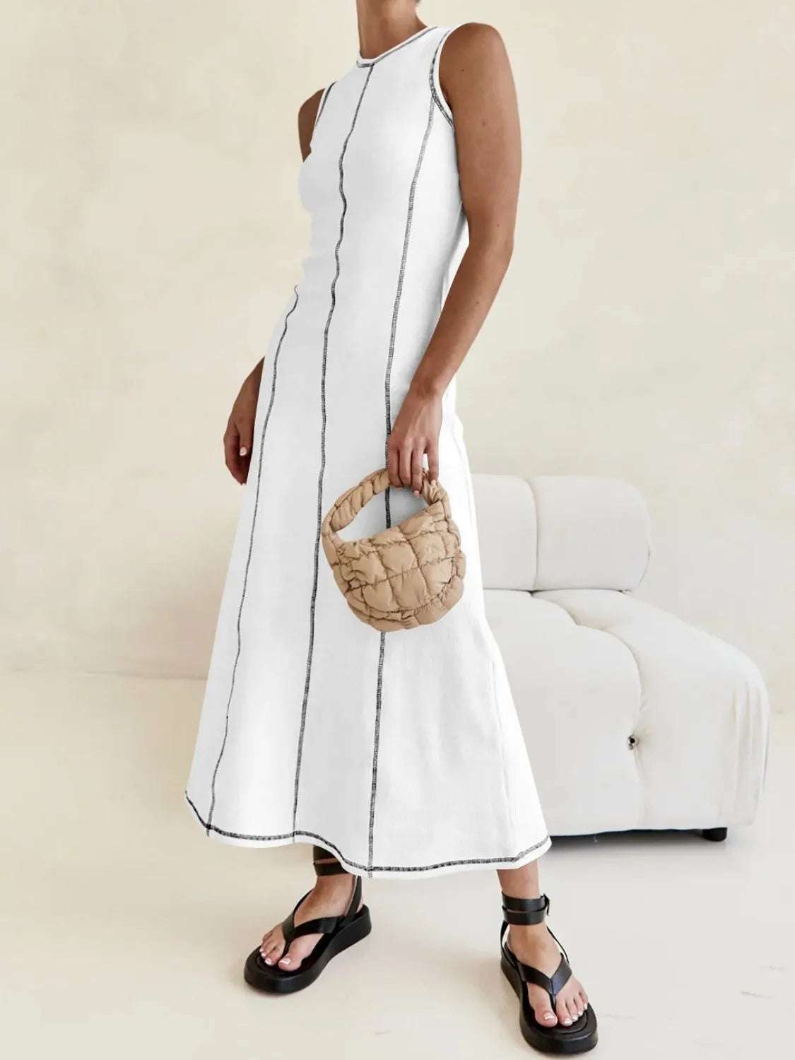Buy Contrast Stitching Round Neck Sleeveless Midi Dress by Faz