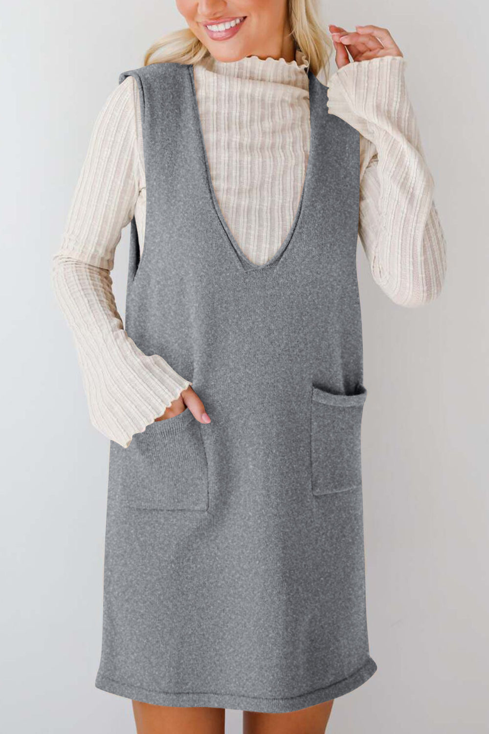 Buy Pocketed V-Neck Mini Sweater Overall Dress by Faz