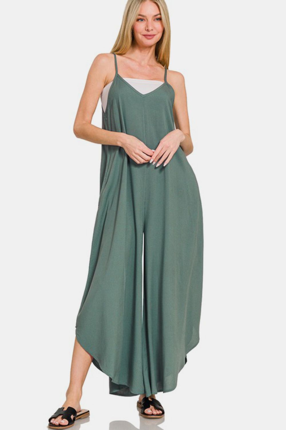 Buy Sleeveless Curved Hem Wide Leg Overalls with Pockets by Faz