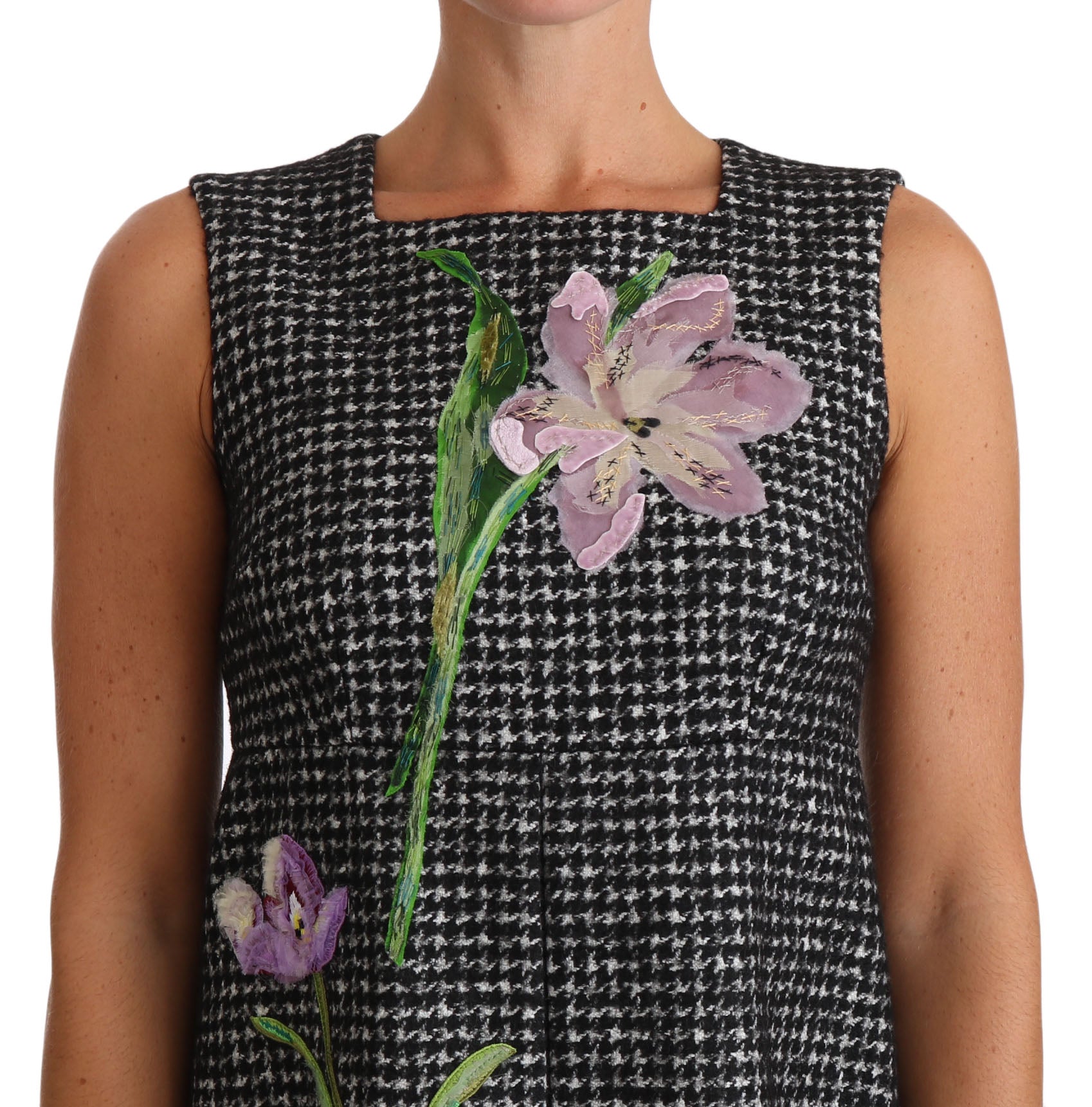 Buy Houndstooth Floral Appliqué Shift Dress by Dolce & Gabbana