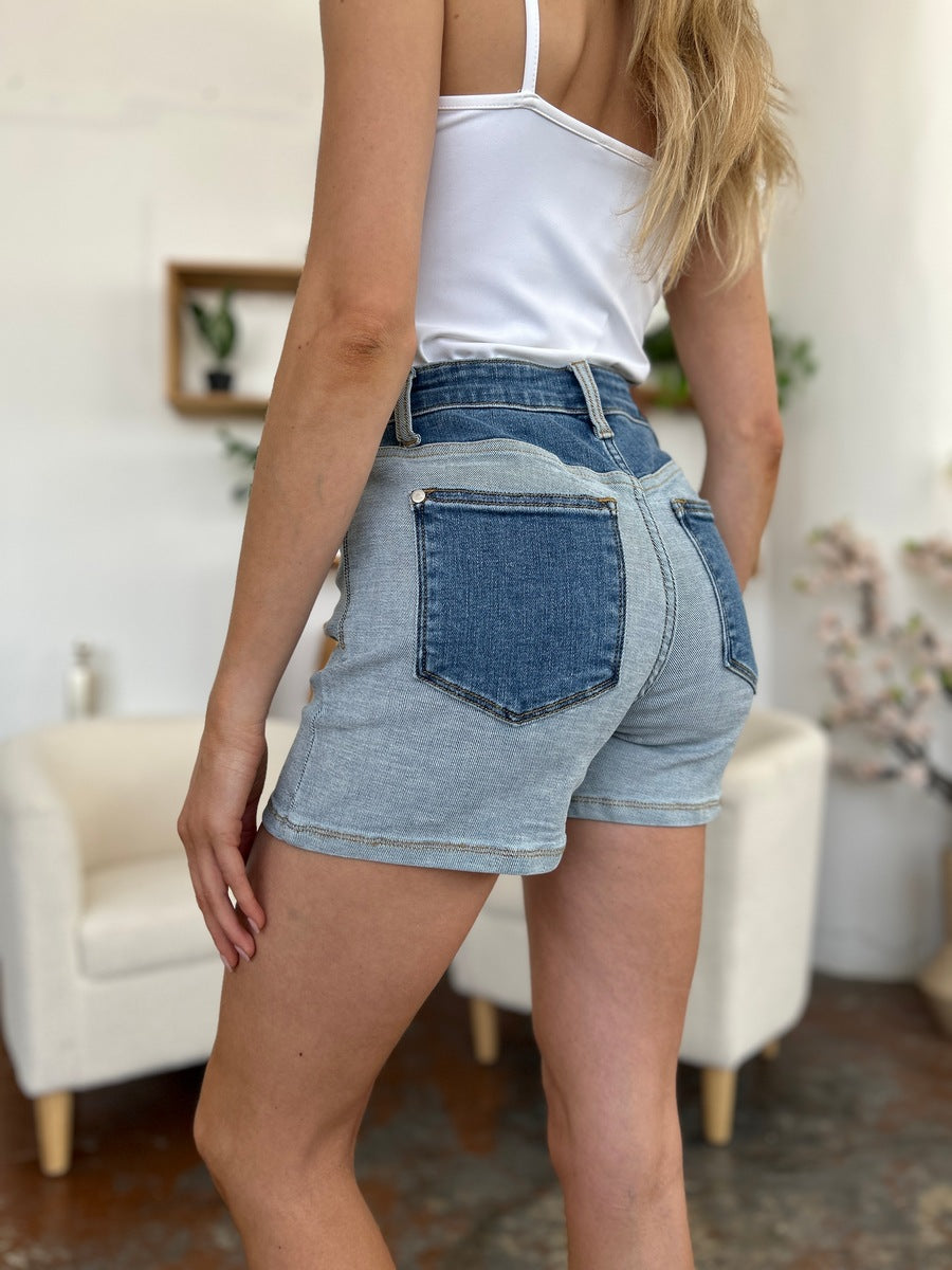 Full Size Color Block Denim Shorts