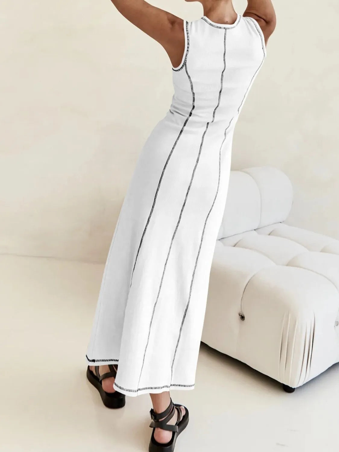 Buy Contrast Stitching Round Neck Sleeveless Midi Dress by Faz