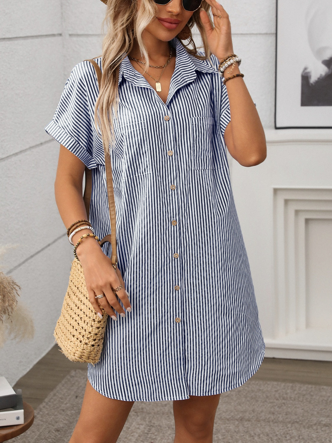 Buy Striped Button Down Short Sleeve Mini Dress by Faz
