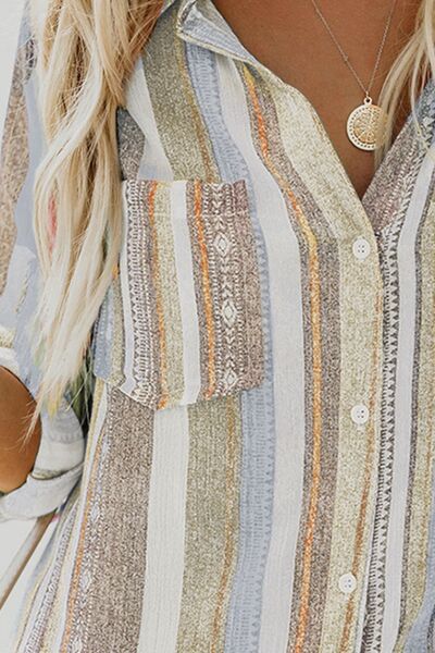 Buy Striped Collared Neck Long Sleeve Shirt by SYNZ