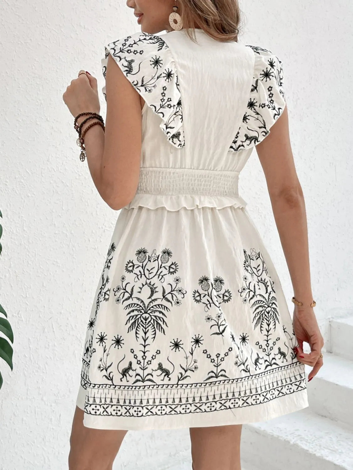 Buy Smocked Ruffled Cap Sleeve Mini Dress by Faz