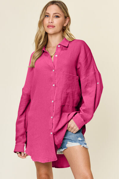 Buy Full Size Pocketed Texture Button Up Shirt by Double Take