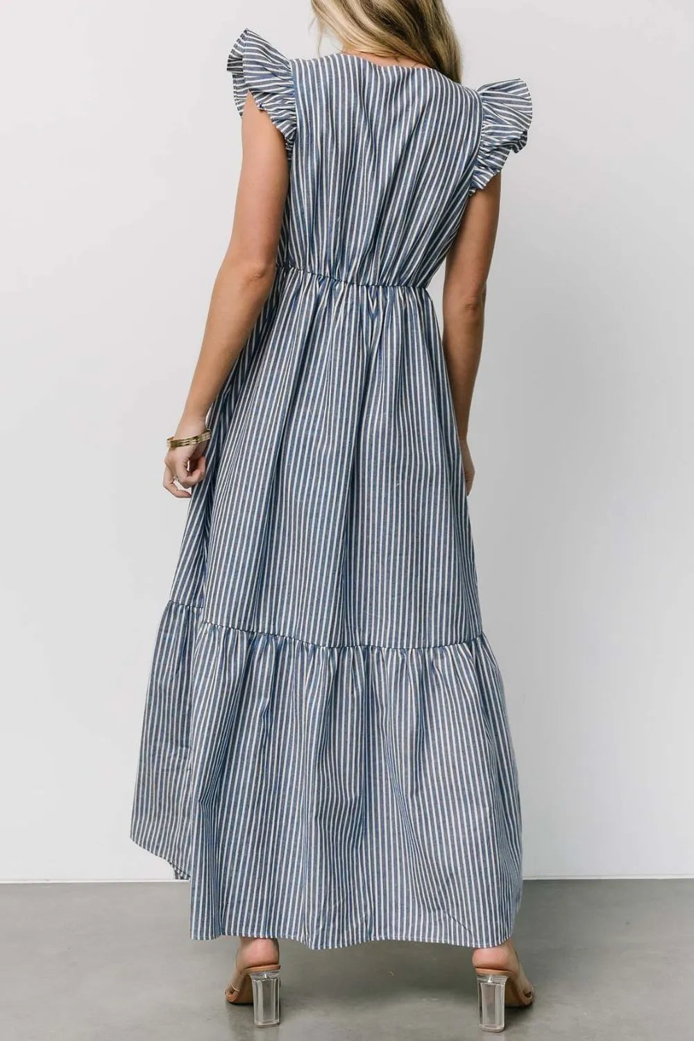 Buy Slit Striped V-Neck Ruffled Cap Sleeve Dress by Faz
