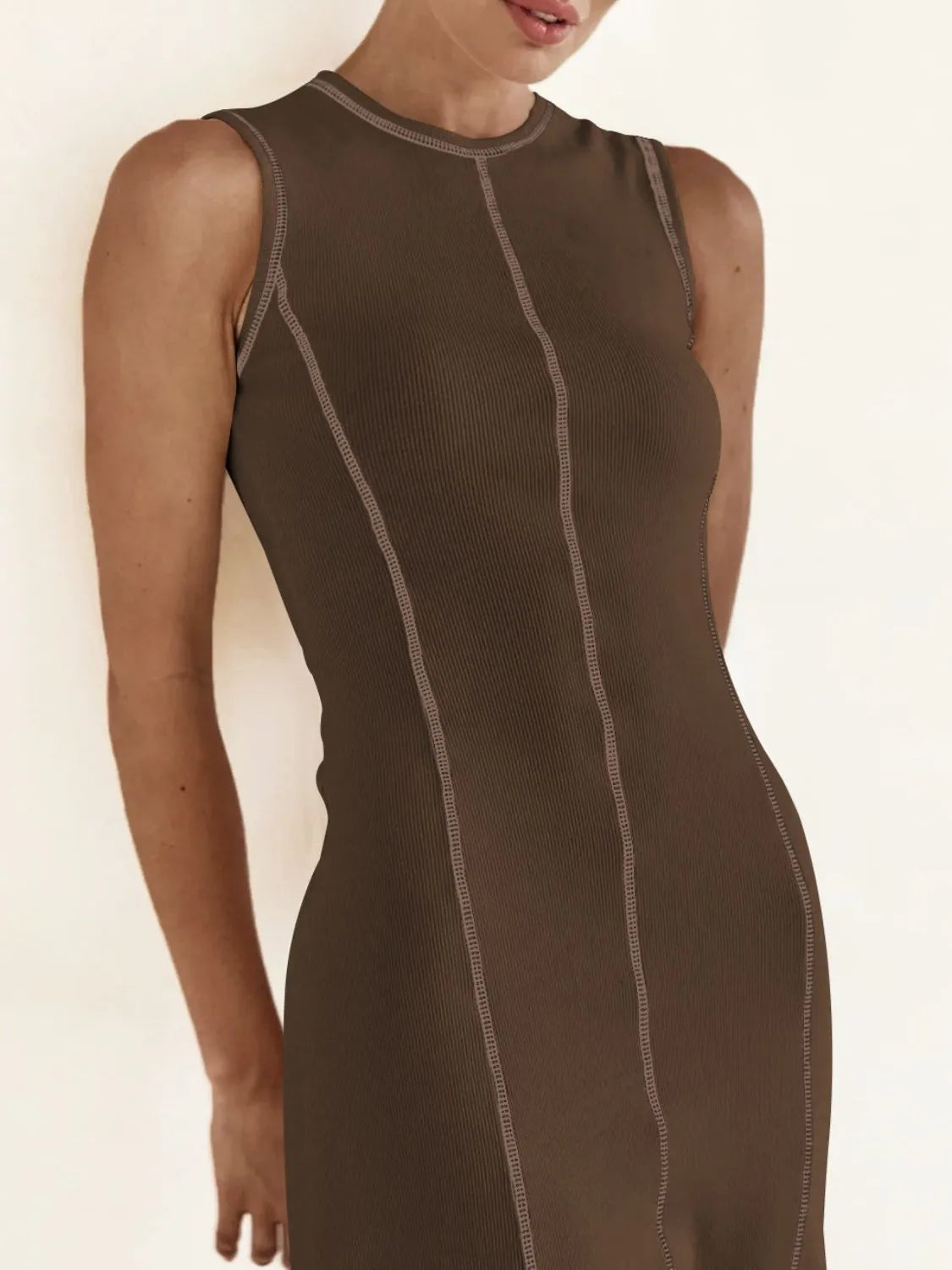 Buy Contrast Stitching Round Neck Sleeveless Midi Dress by Faz