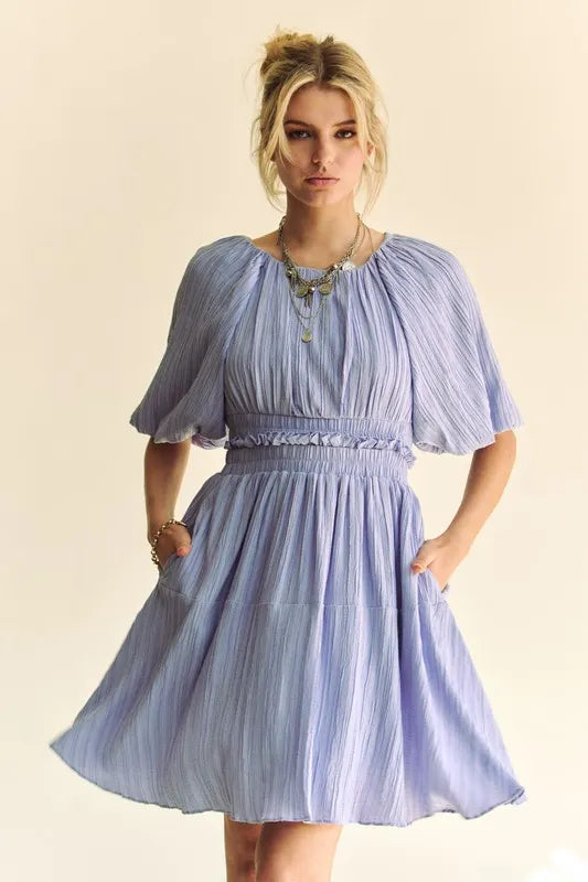 Buy Back Button Puff Sleeve Mini Dress by Faz