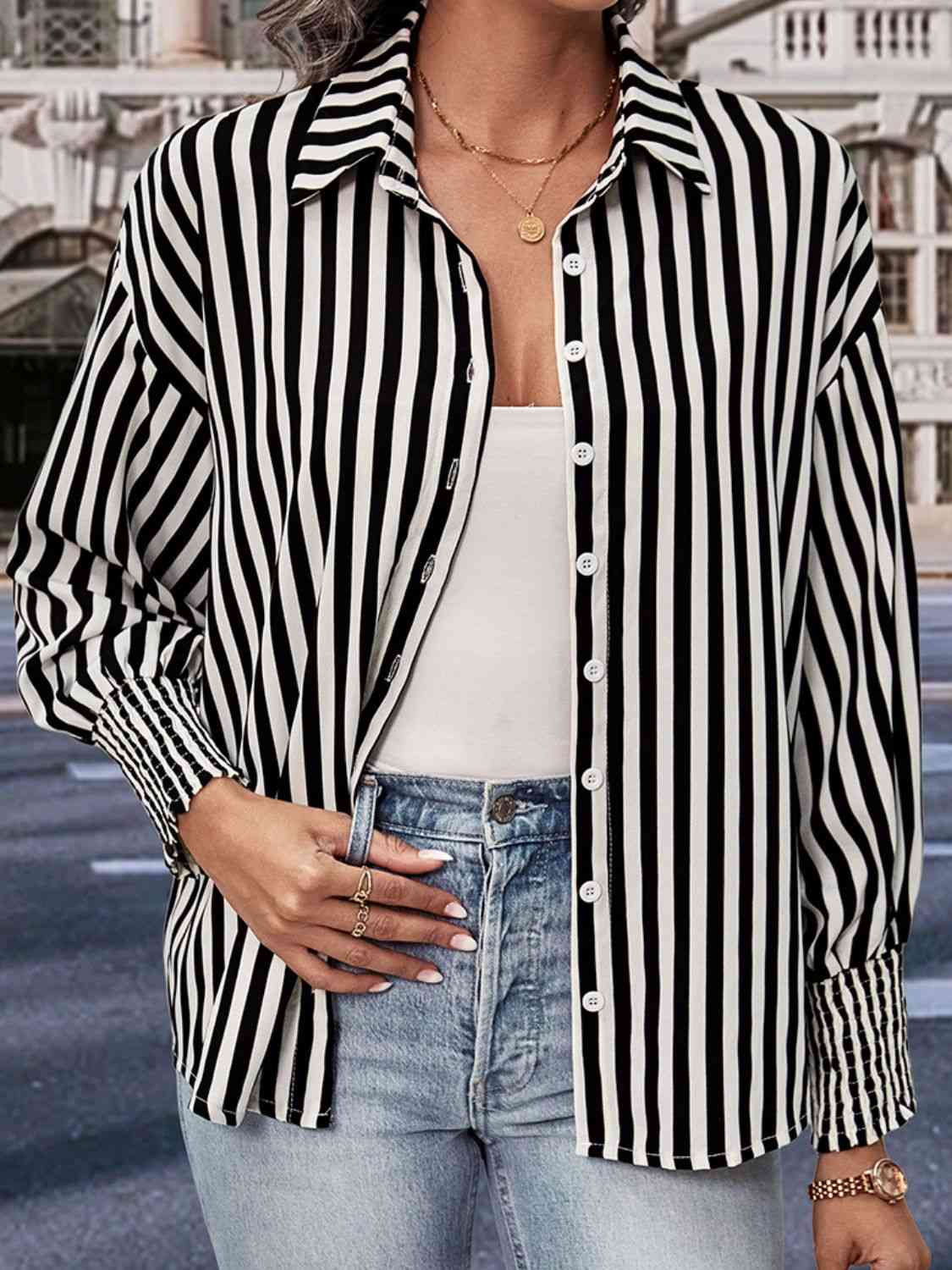 Buy Perfee Striped Dropped Shoulder Smocked Wristband Shirt by Hundredth