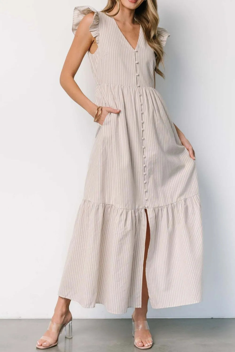 Buy Slit Striped V-Neck Ruffled Cap Sleeve Dress by Faz