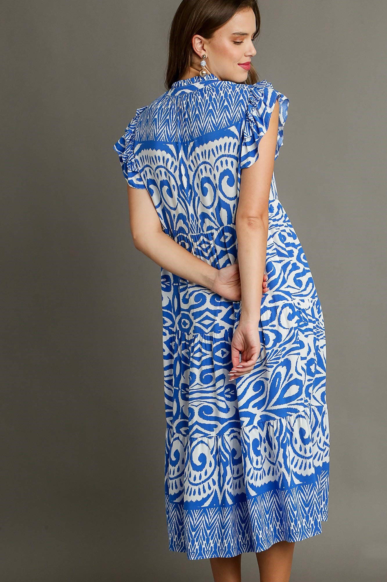 Buy Full Size Two Tone Border Print Ruffle Cap Sleeve Midi Dress Plus Size by Faz