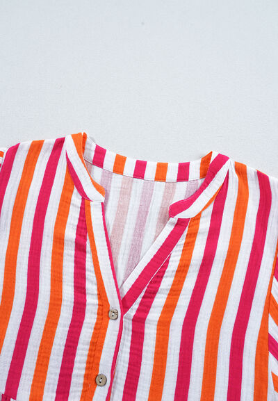 Buy Striped Notched Flounce Sleeve Blouse by SYNZ