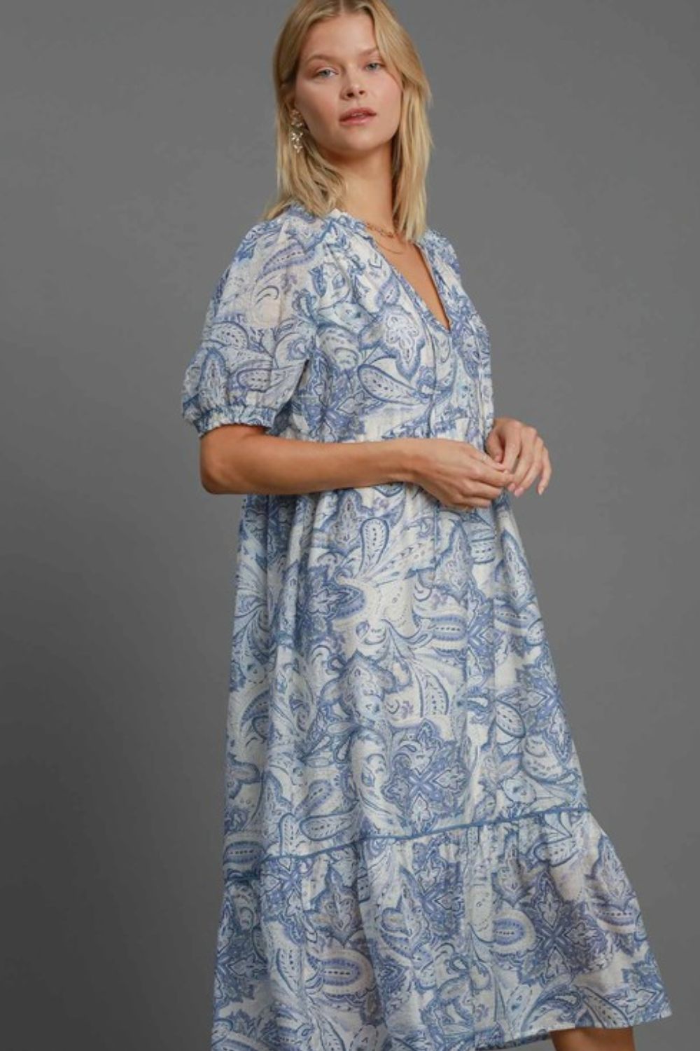 Full Size Printed Puff Short Sleeve Midi Dress Plus Size