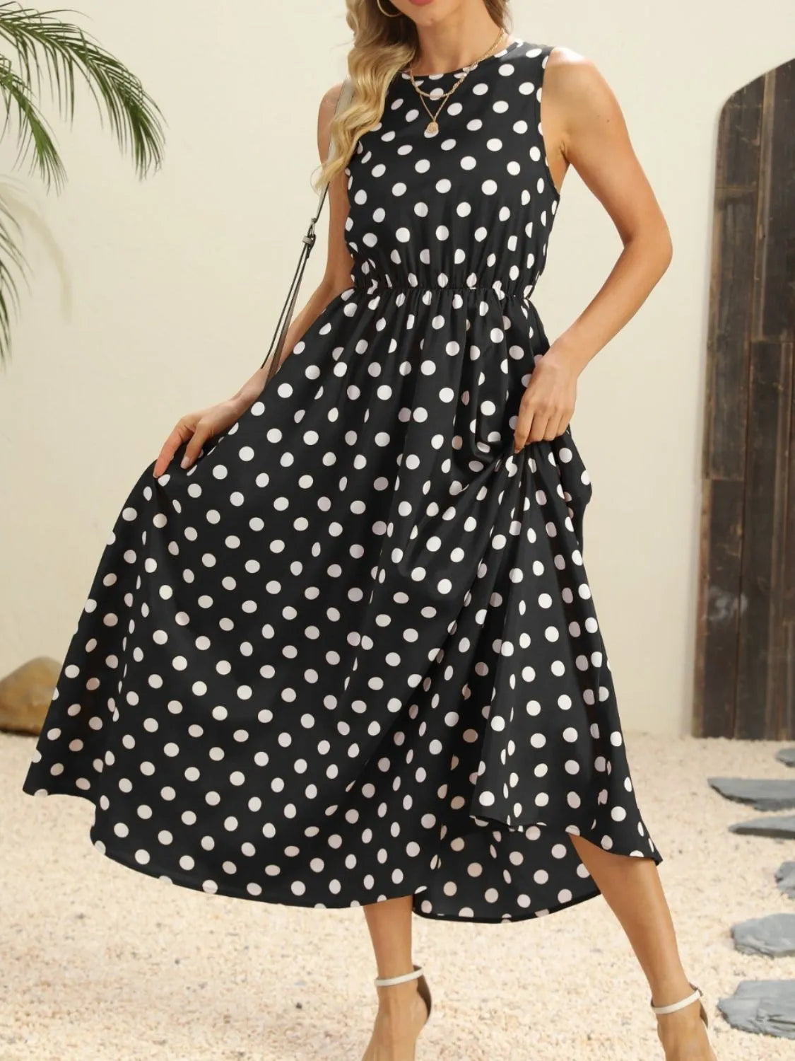 Buy Polka Dot Round Neck Sleeveless Midi Dress by Faz