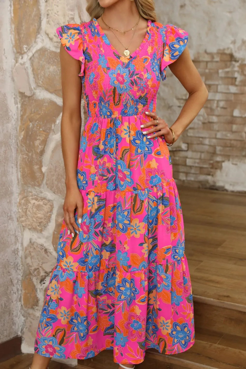 Buy Boho Floral V Neck Ruffle Tiered Dress by Faz