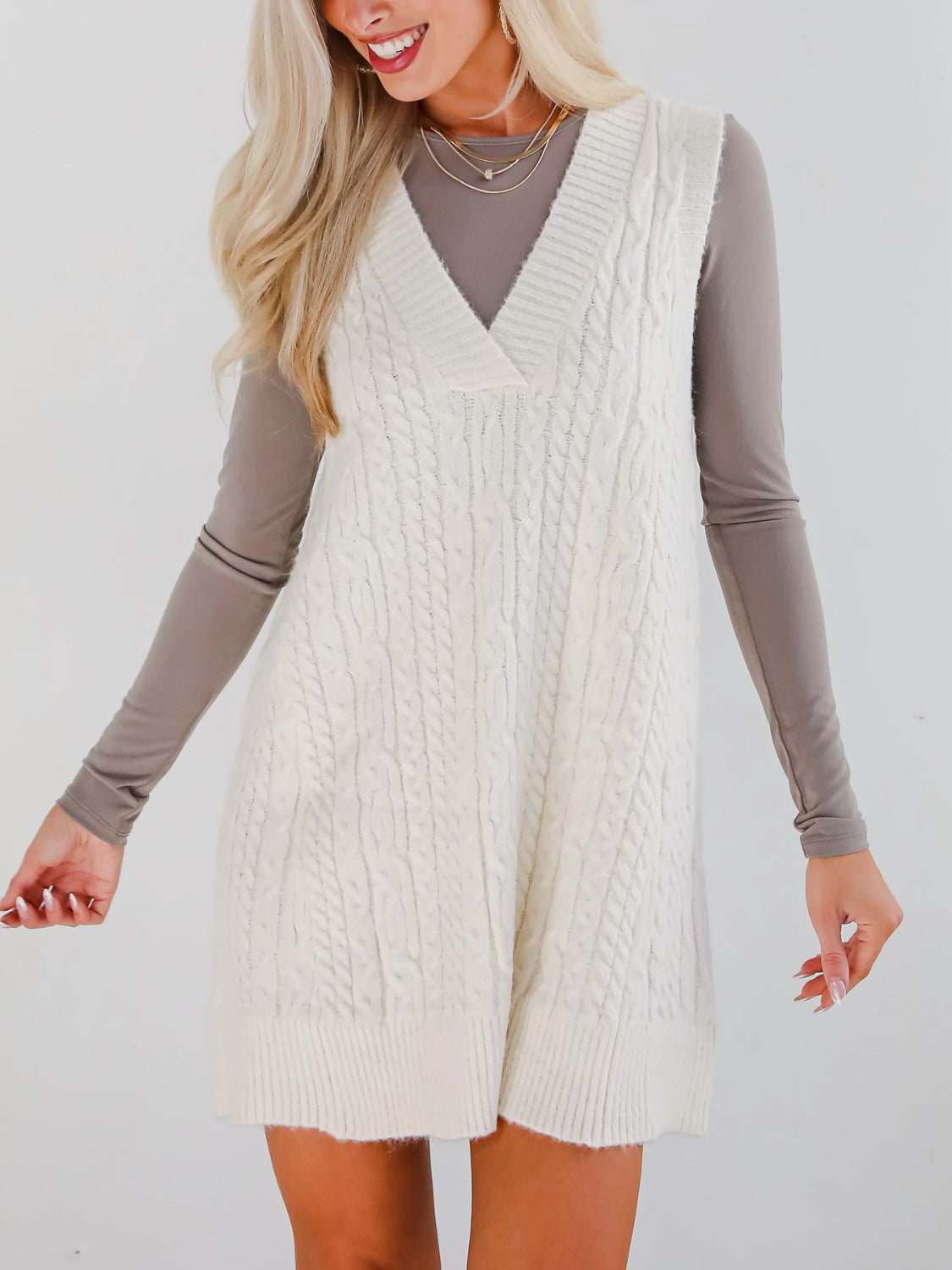 Buy Cable Knit V-Neck Mini Sweater Overall Dress by Faz