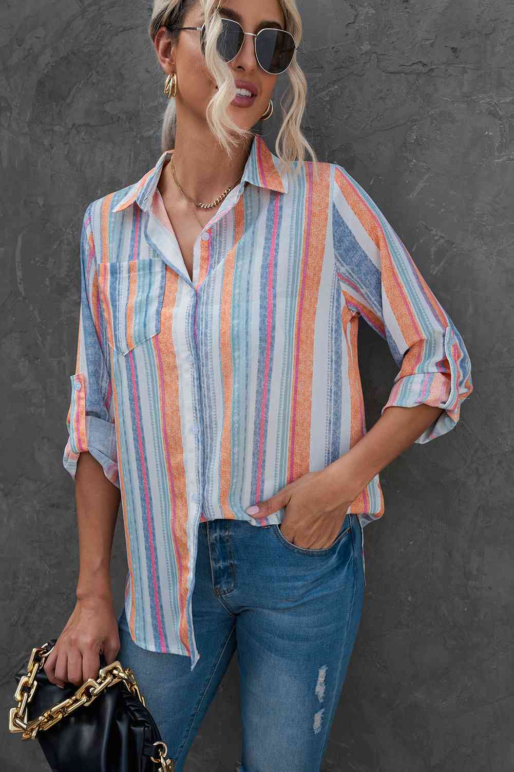 Buy Striped Button-Up Curved Hem Shirt with Breast Pocket by SYNZ