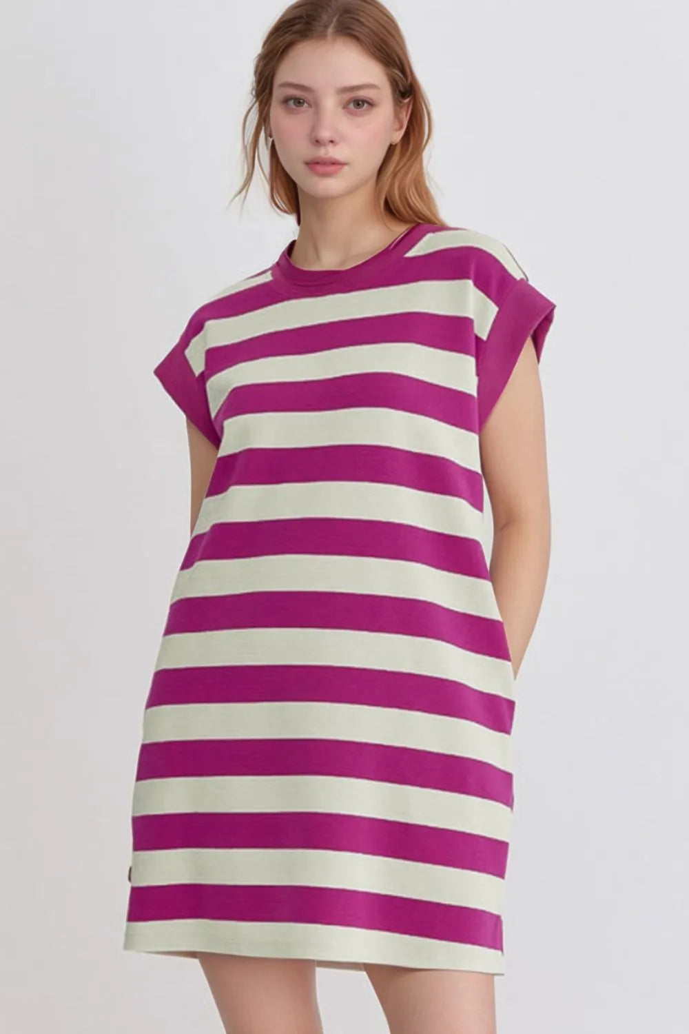 Buy Stripe Cap Sleeve Pocketed Shift Tee Dress by Faz