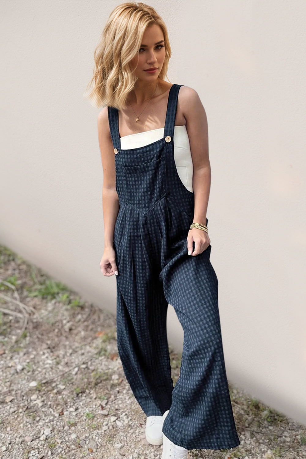 Full Size Plaid Wide Leg Overalls with Pockets