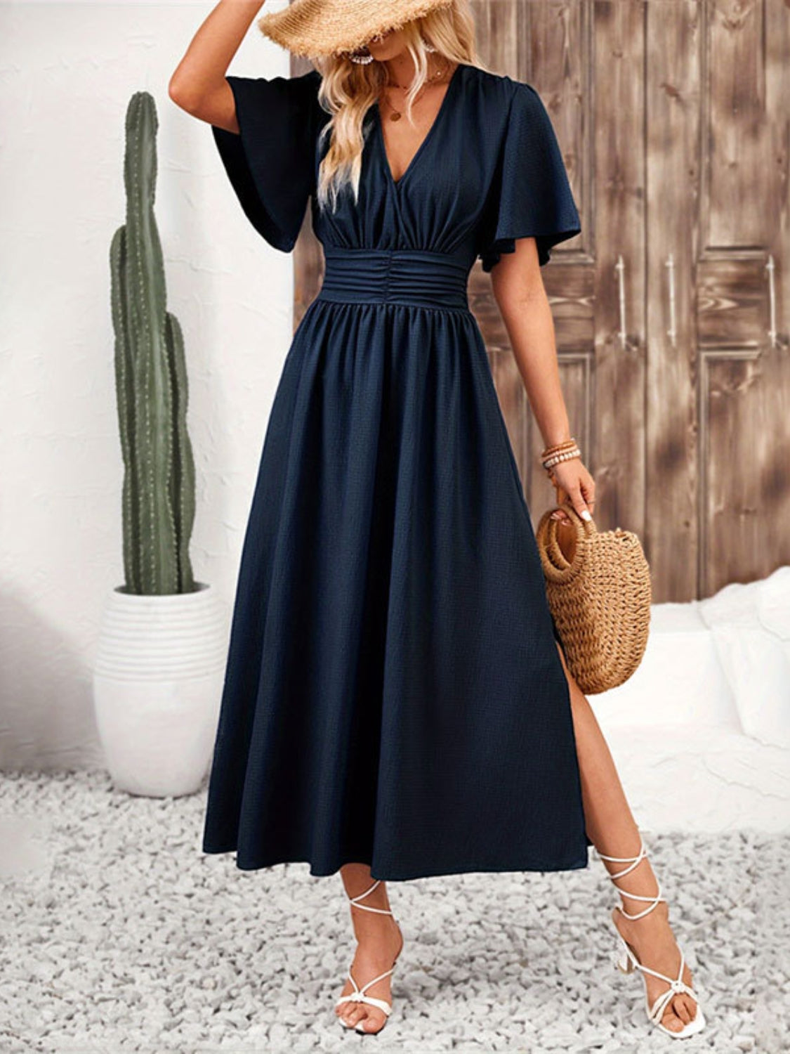Buy Side Slit Surplice Flutter Sleeve Midi Dress by Faz