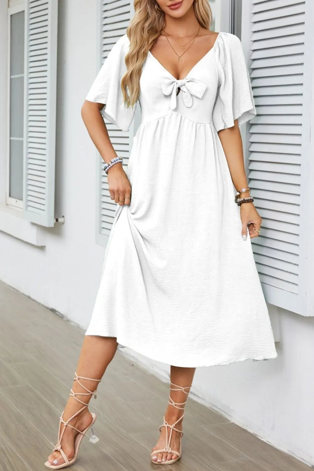 Buy Smocked Tie Front Flutter Sleeve Midi Dress by Faz