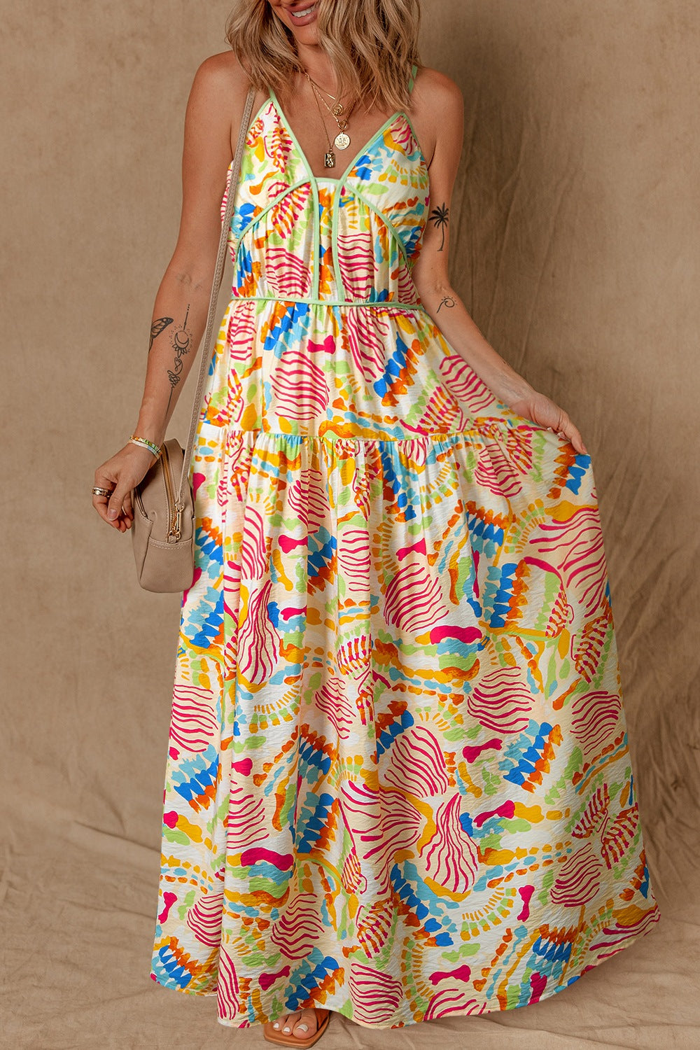 Buy Abstract Print Spaghetti Strap Piping Detail Maxi Dress by Faz