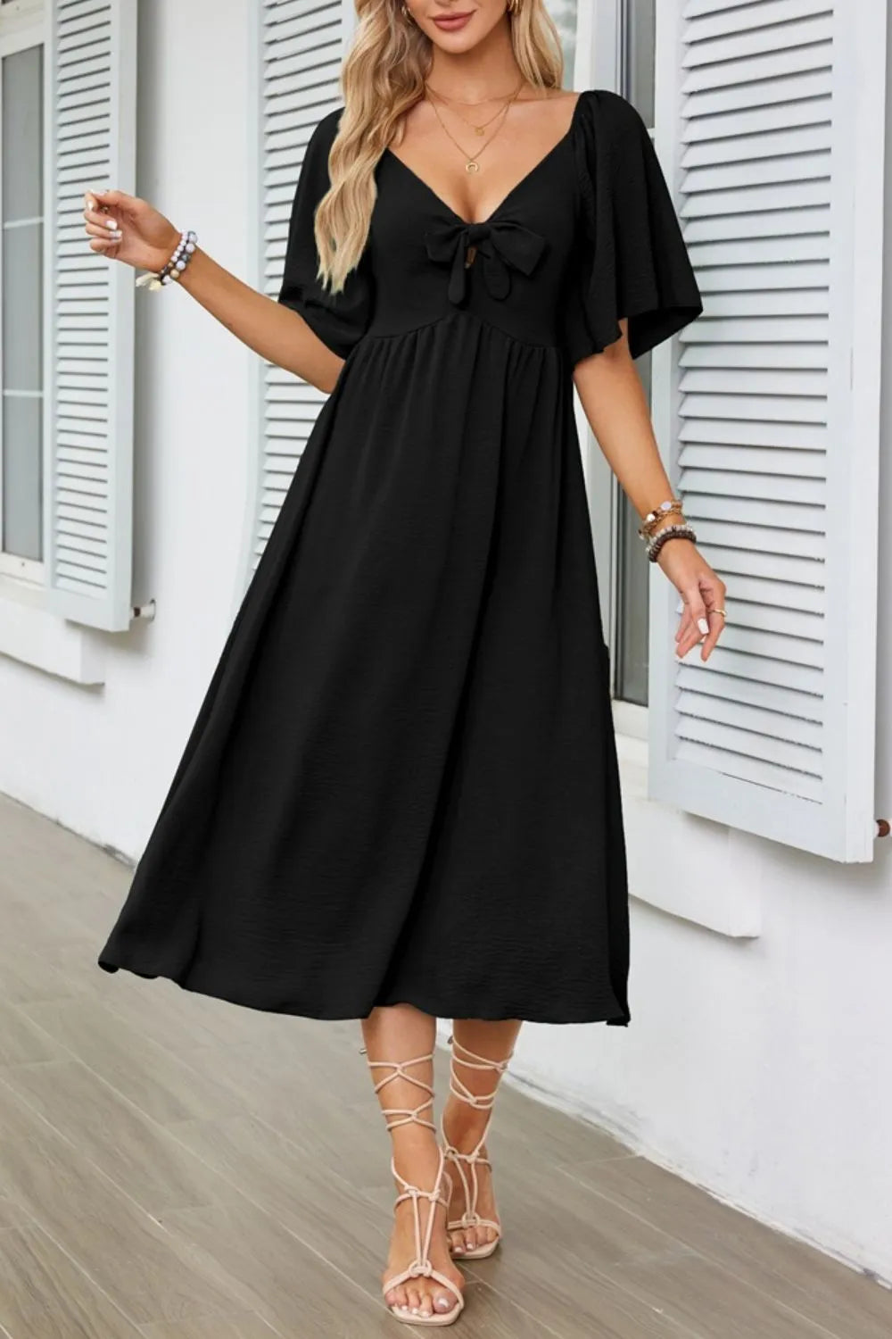 Buy Smocked Tie Front Flutter Sleeve Midi Dress by Faz