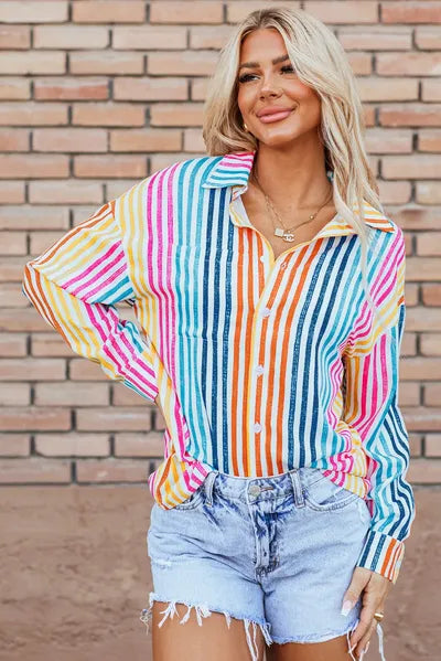 Striped Collared Neck Long Sleeve Shirt