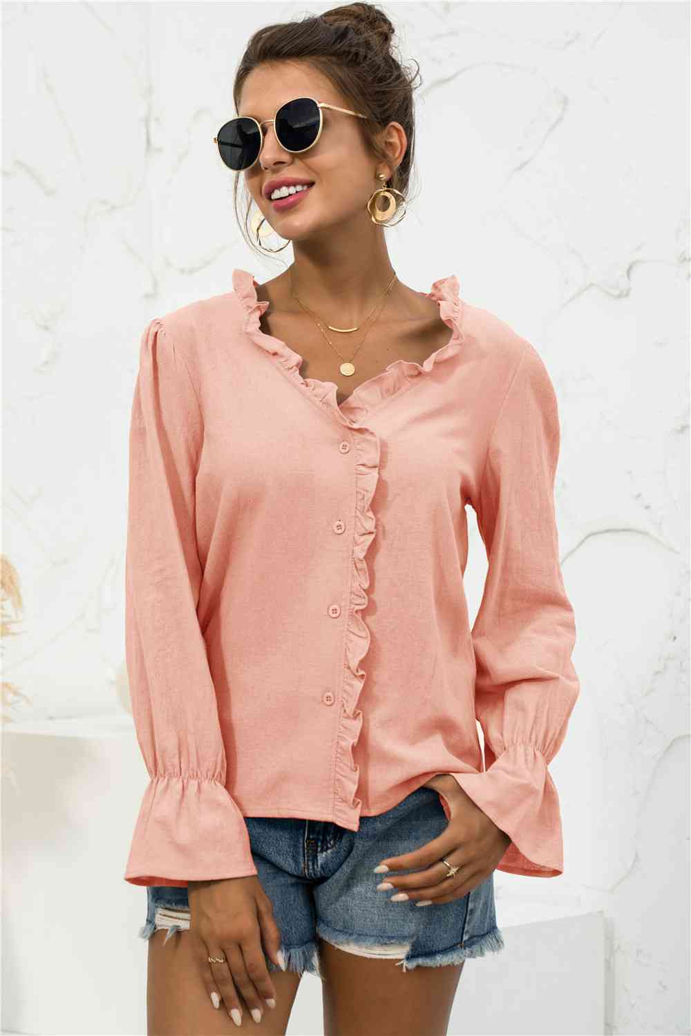 Buy Frill Trim V-Neck Flounce Sleeve Shirt by YO