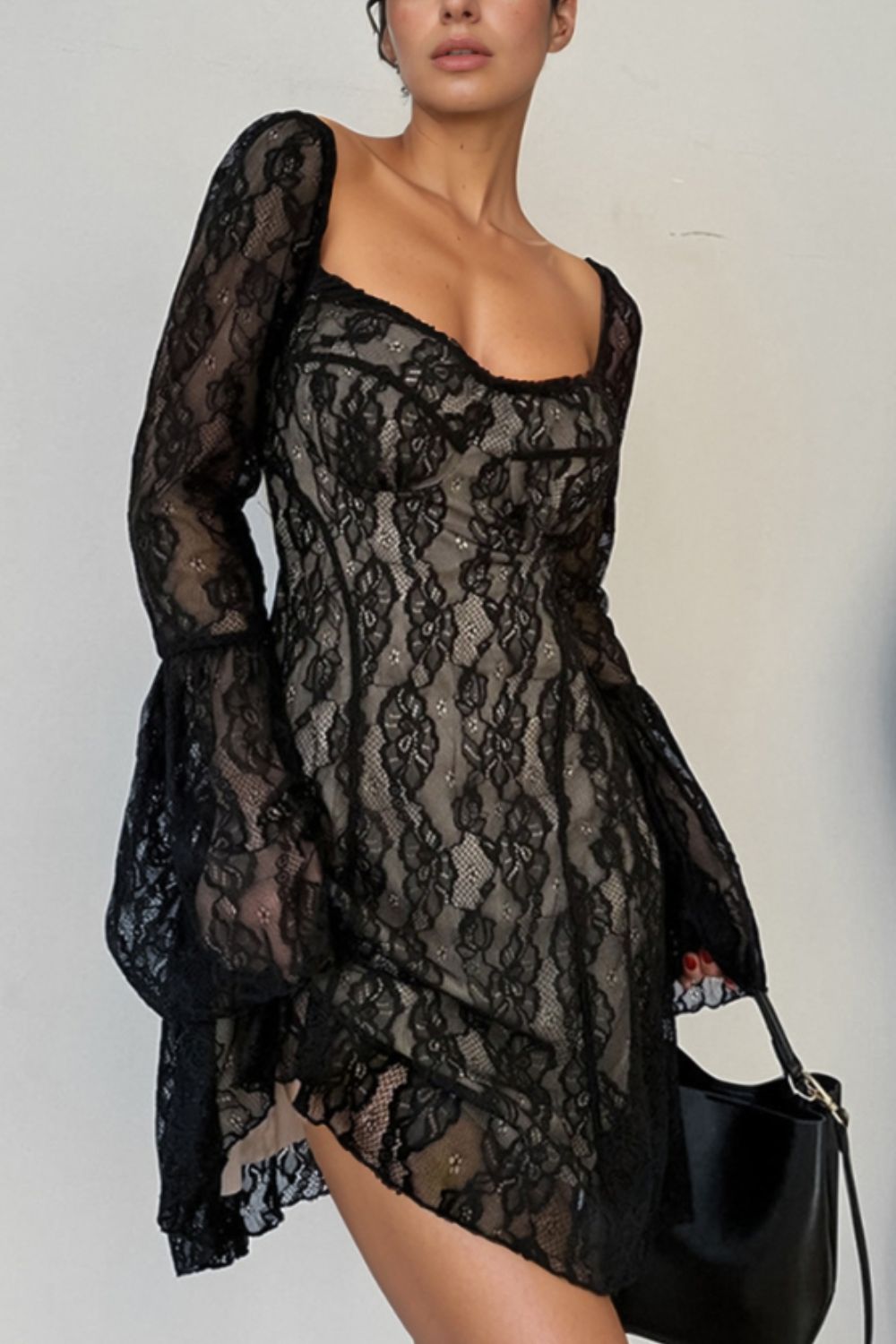 Buy Lace Sweetheart Neck Flare Sleeve Mini Dress by Faz