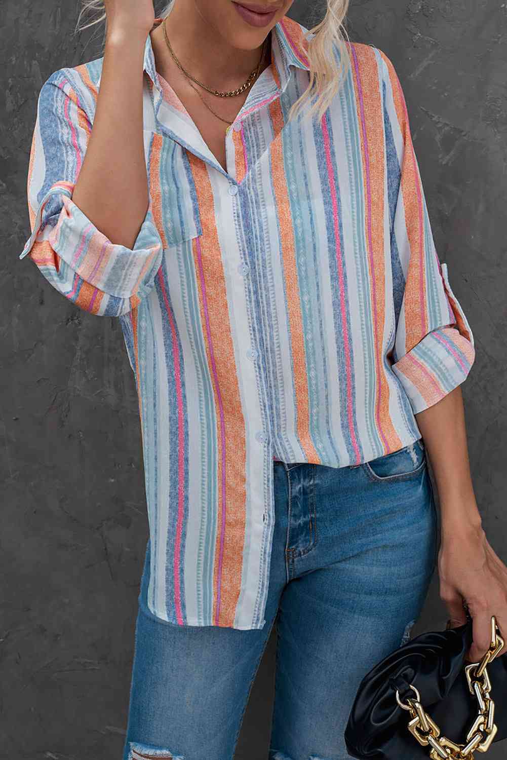 Buy Striped Button-Up Curved Hem Shirt with Breast Pocket by SYNZ
