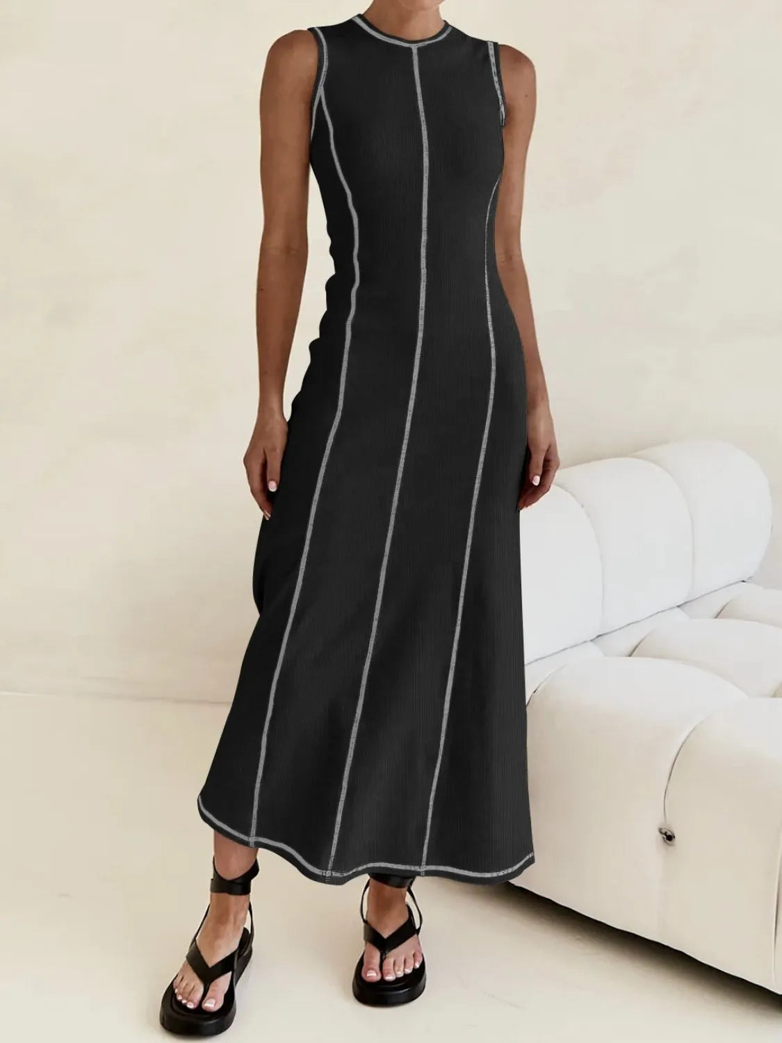 Buy Contrast Stitching Round Neck Sleeveless Midi Dress by Faz