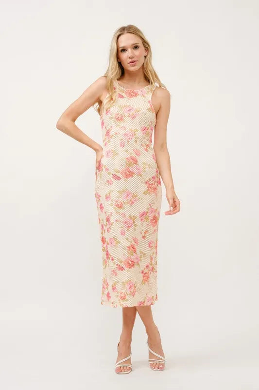 Floral Fishnet Bodycon Midi Dress