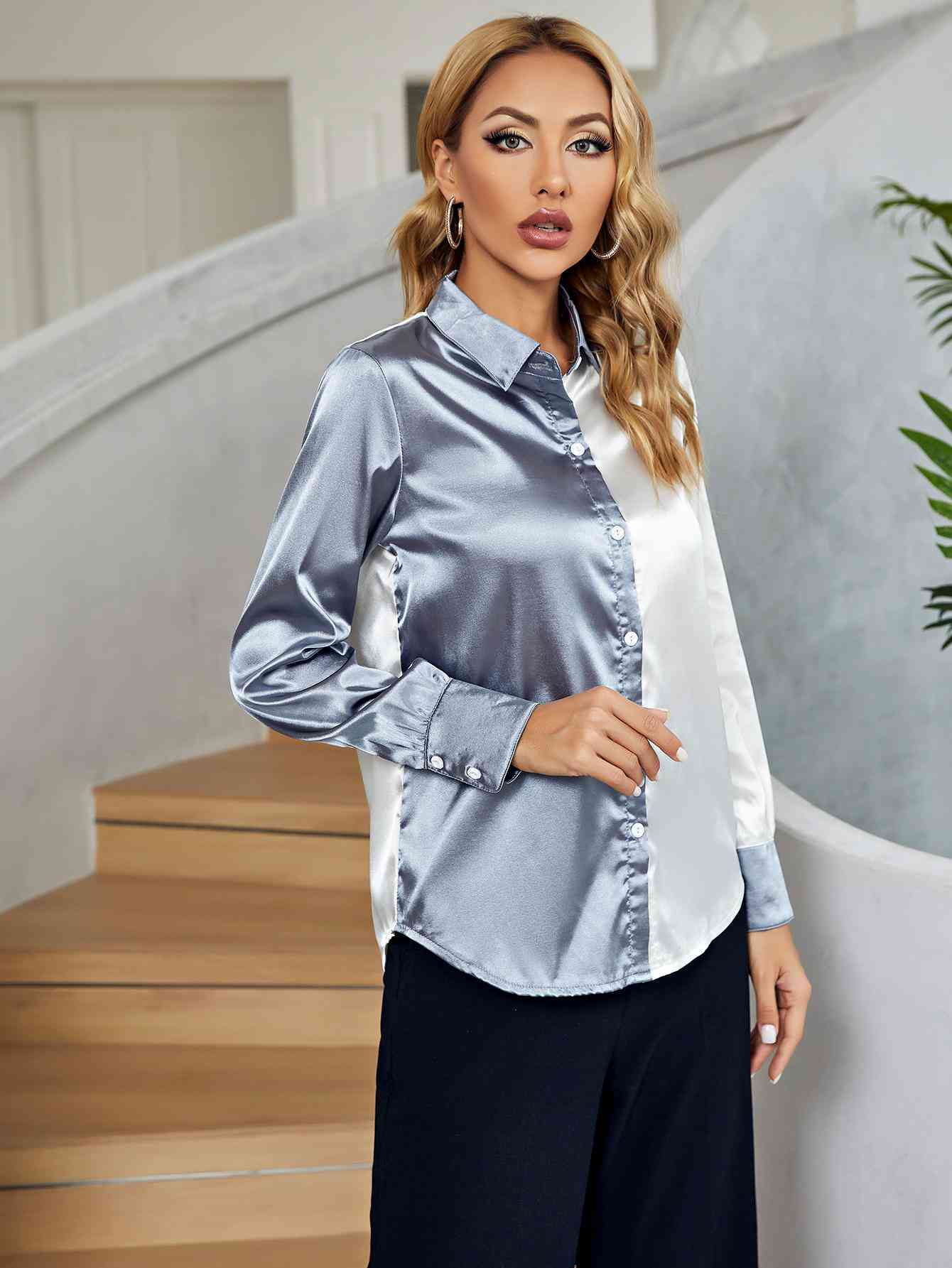 Buy Two-Tone Long Sleeve Collared Shirt by H2J