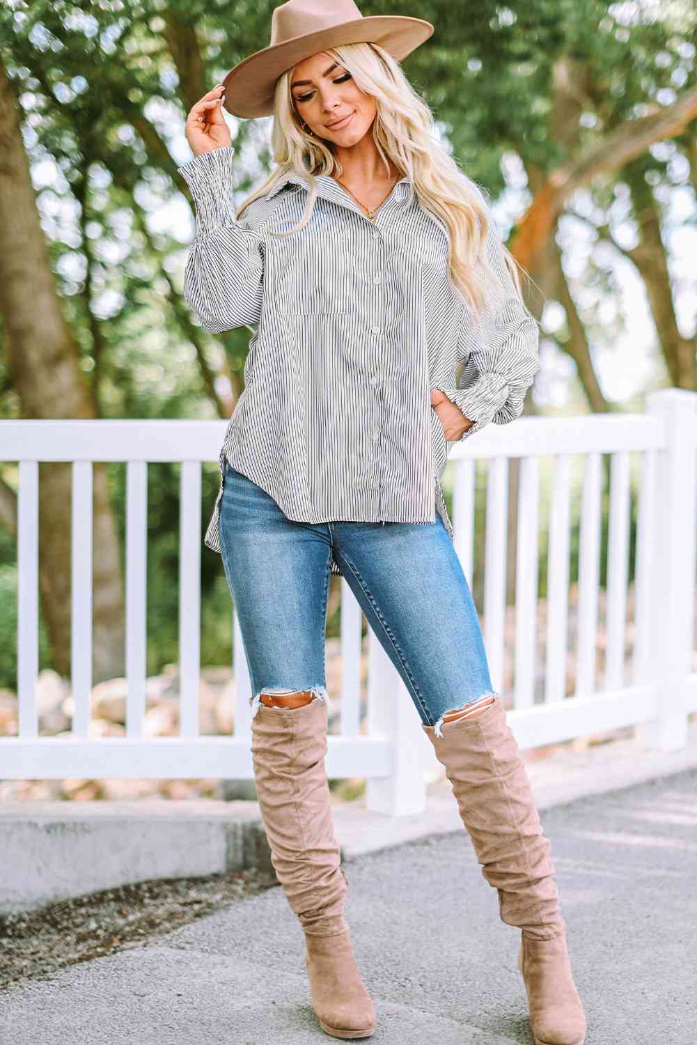 Buy Striped Lantern Sleeve Collared Shirt by SYNZ