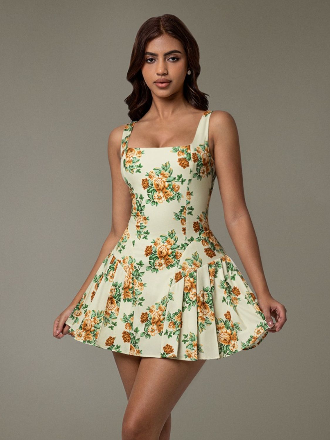 Buy Floral Sleeveless Mini Pleated Dress by Faz