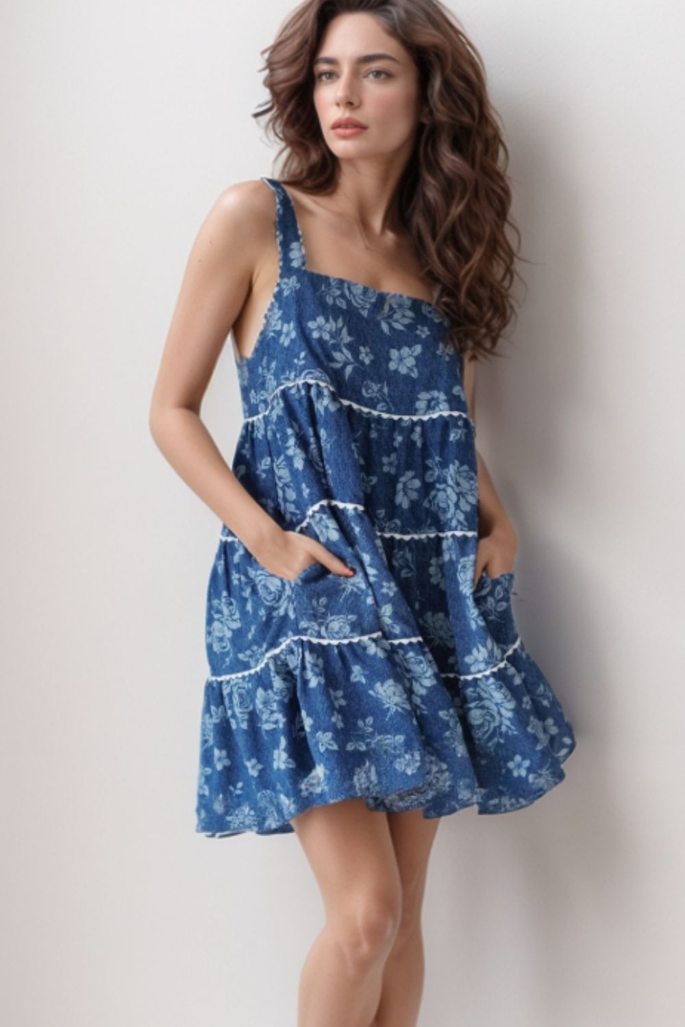Buy Floral Tiered Square Neck Denim Dress by Faz