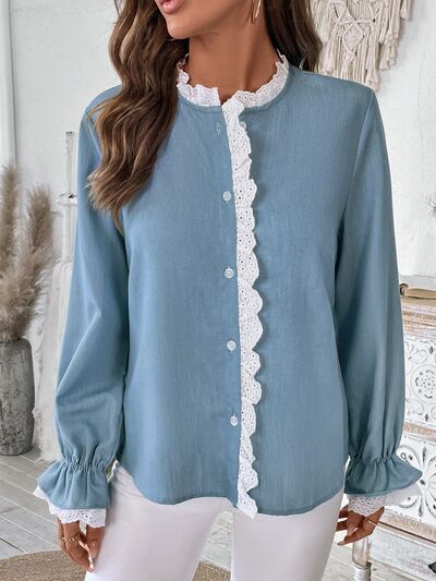 Buy Lace Detail Button Down Long Sleeve Shirt by Perfee