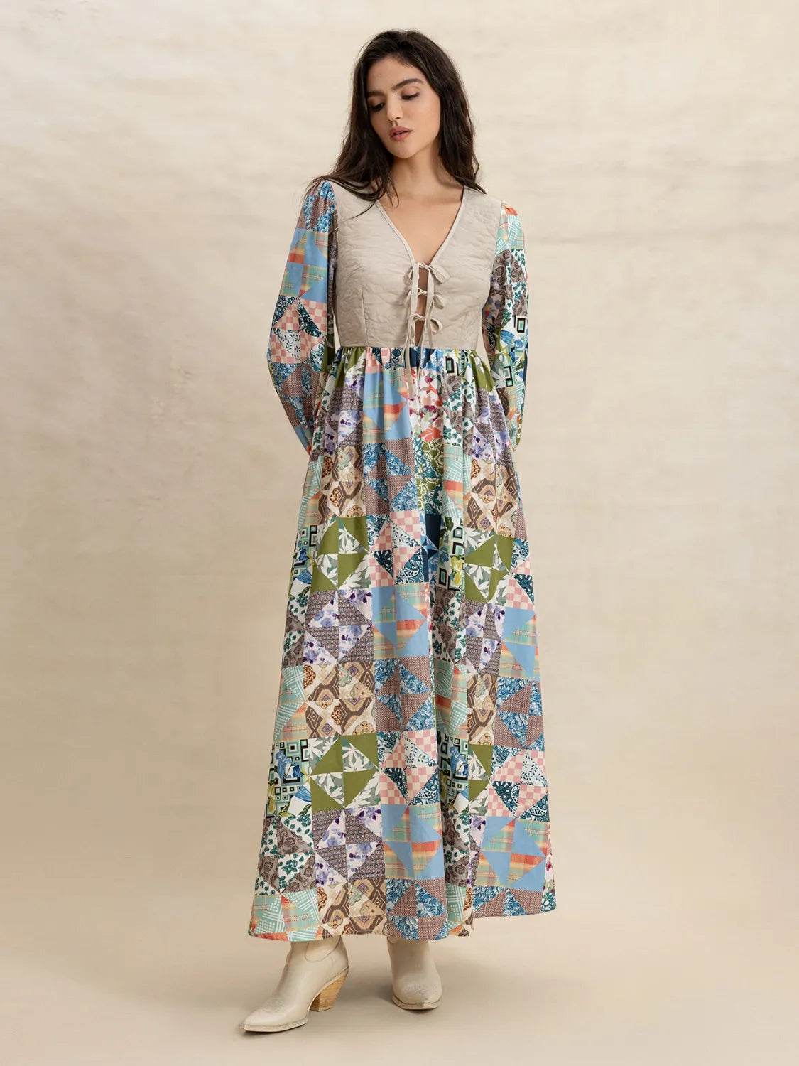 Buy Tied Front Printed Long Sleeve Maxi Dress by Faz