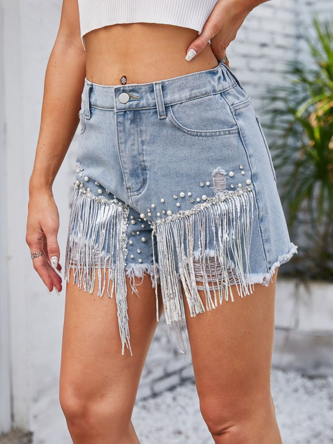 Buy Distressed Pearl Trim Denim Shorts with Pockets by Faz